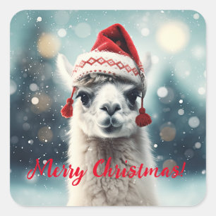Pegatina Cuadrada Feliz Navidad Gracioso Cute Lllama Alpaca Santa Ha