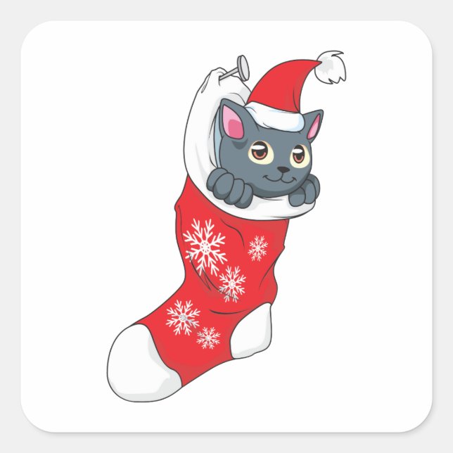 Pegatina Cuadrada Feliz Navidad Gray Kitten Cat Rojo Stocking Gray (Anverso)