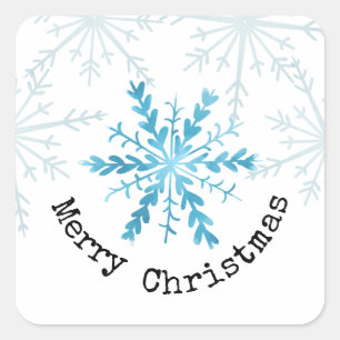 Pegatina Cuadrada Feliz Navidad Hermosa Copo de Nieve Azul