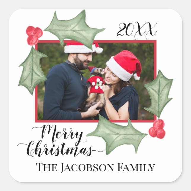Pegatina Cuadrada Feliz Navidad Holly deja marco fotográfico (Anverso)
