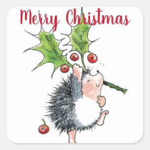 Pegatina Cuadrada Feliz Navidad Holly Hedgehog