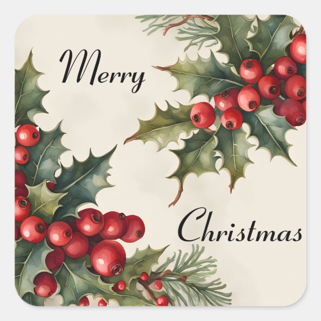 Pegatina Cuadrada Feliz Navidad Holly Sprigs (Anverso)