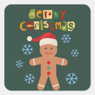 Pegatina Cuadrada Feliz Navidad Hombre de Jengibre Bonito