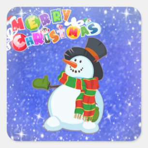Pegatina Cuadrada Feliz Navidad, hombre de nieve