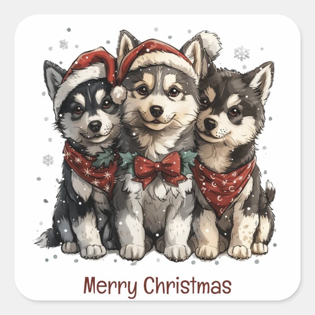 Pegatina Cuadrada Feliz Navidad Husky Dogs (Anverso)