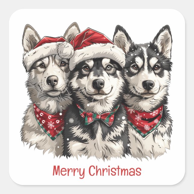 Pegatina Cuadrada Feliz Navidad Husky Dogs (Anverso)