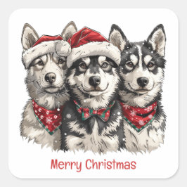 Pegatina Cuadrada Feliz Navidad Husky Dogs