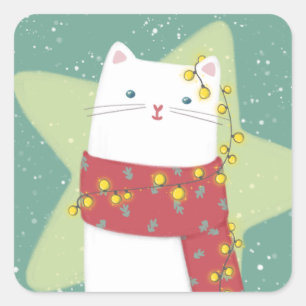 Pegatina Cuadrada Feliz Navidad: Ilustracion de gato