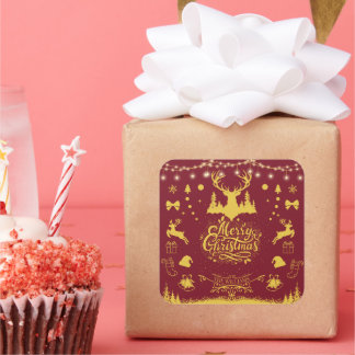 Pegatina Cuadrada Feliz Navidad Imitación Roja y Gold