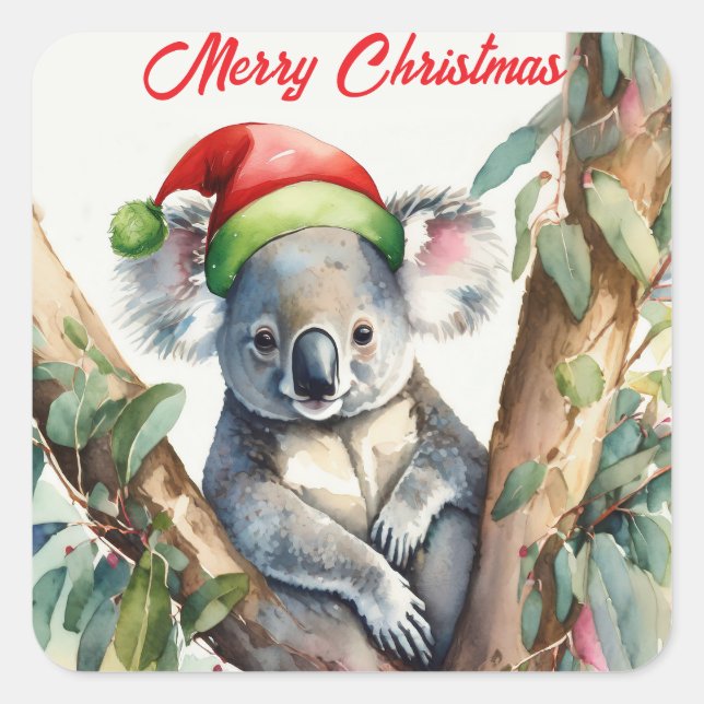 Pegatina Cuadrada Feliz Navidad Koala sentado en Gumtree (Anverso)