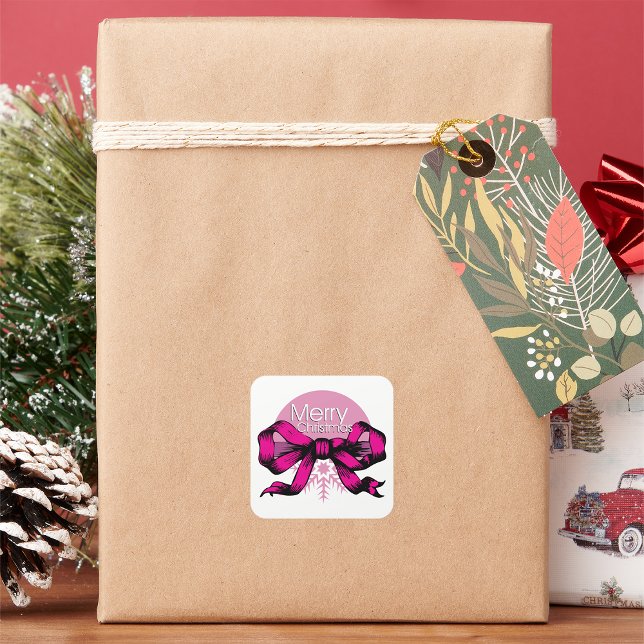 Pegatina Cuadrada Feliz Navidad Lazo Rosa (Subido por el creador)