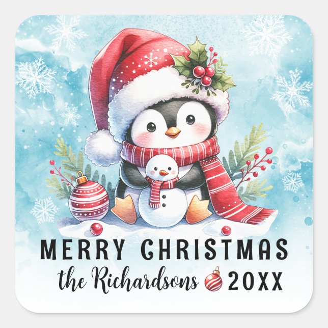 Pegatina Cuadrada Feliz navidad lindo pingüino nevado y Personalizad (Anverso)