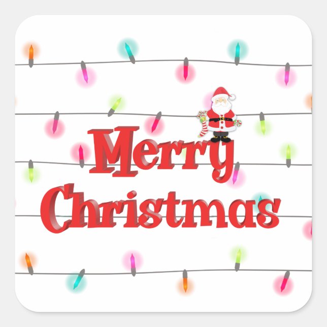 Pegatina Cuadrada Feliz Navidad Luces navideñas navideñas con Santa (Anverso)
