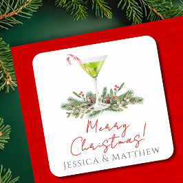 Pegatina Cuadrada Feliz Navidad Martini de Caña de Caramelo y Muérda