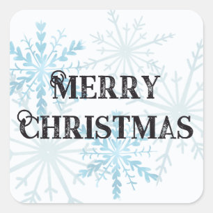 Pegatina Cuadrada Feliz Navidad Minimalista Copo de Nieve Azul Claro