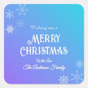 Pegatina Cuadrada Feliz Navidad Moderno Copo de nieve Morado Azul