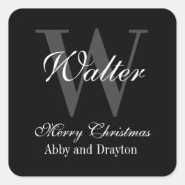 Pegatina Cuadrada Feliz Navidad Monograma Negro Y Personalizado Blan
