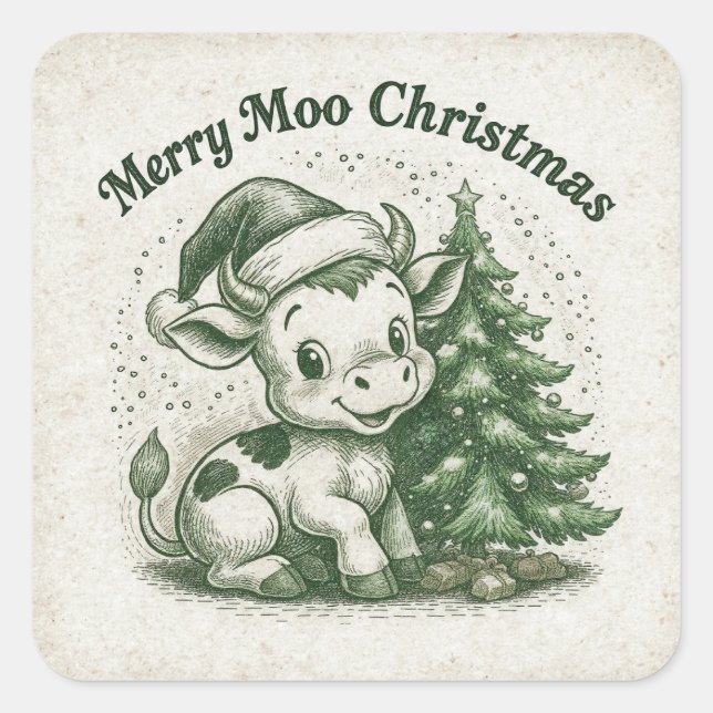 Pegatina Cuadrada Feliz Navidad Moo (Anverso)