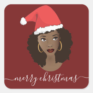 Pegatina Cuadrada Feliz Navidad, Mujer Negra, Santa Hat, Rojo