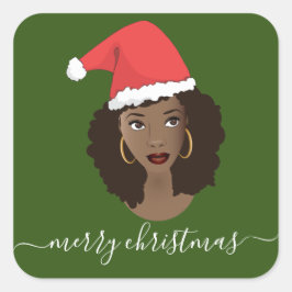 Pegatina Cuadrada Feliz Navidad, Mujer Negra, Santa Hat, Verde