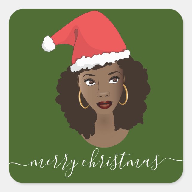 Pegatina Cuadrada Feliz Navidad, Mujer Negra, Santa Hat, Verde (Anverso)