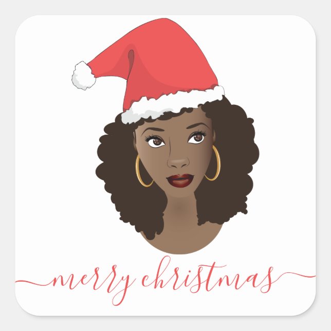 Pegatina Cuadrada Feliz Navidad, Mujer Negra, Sombrero Red Santa (Anverso)