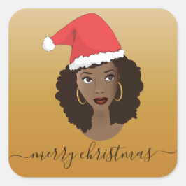 Pegatina Cuadrada Feliz Navidad, Mujer Negra, Sombrero Santa, Amaril
