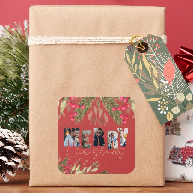 Pegatina Cuadrada Feliz Navidad Multi Photo Red Gold Fiesta (Vacaciones)