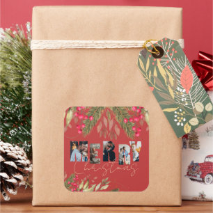 Pegatina Cuadrada Feliz Navidad Multi Photo Red Gold Fiesta
