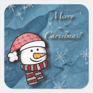Pegatina Cuadrada Feliz Navidad, muñeco de nieve con ropa tejida