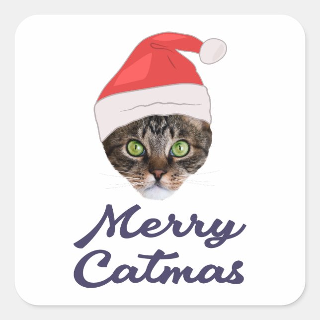Pegatina Cuadrada Feliz Navidad, Navidades Invitación a Gato Santa h (Anverso)