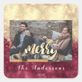 Pegatina Cuadrada Feliz Navidad Nieve Confetti Burgundy Gold Photo