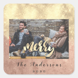 Pegatina Cuadrada Feliz Navidad Nieve Confetti Rosa Oro Foto