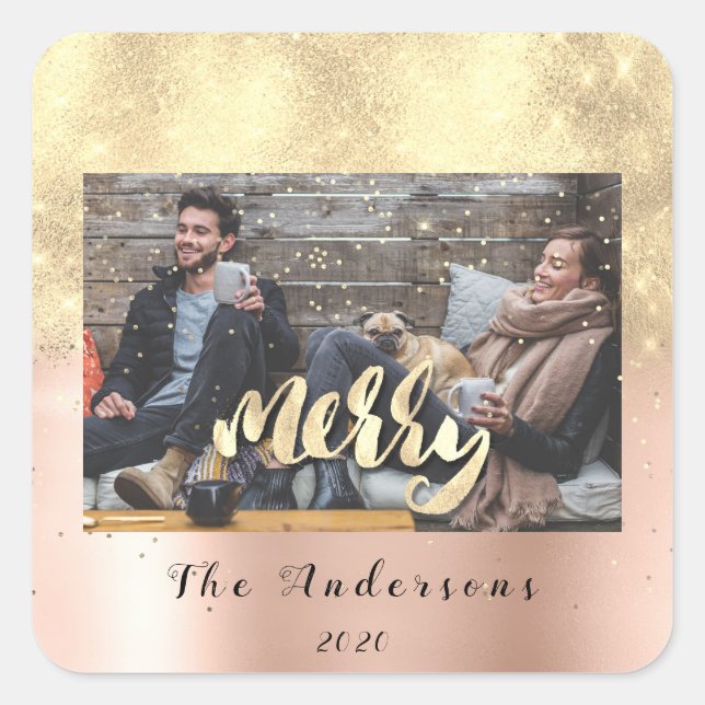 Pegatina Cuadrada Feliz Navidad Nieve Confetti Rosa Oro Foto (Anverso)