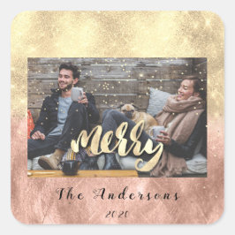 Pegatina Cuadrada Feliz Navidad Nieve Confetti Spark Gold Photo