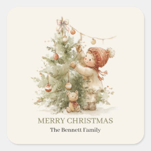 Pegatina Cuadrada Feliz Navidad Niño Antiguo Árbol de Navidad