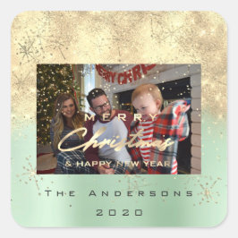 Pegatina Cuadrada Feliz Navidad Nueva Sepia Purpurina de oro