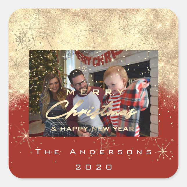Pegatina Cuadrada Feliz Navidad Nueva Sepia Purpurina de oro Foto Ro (Anverso)