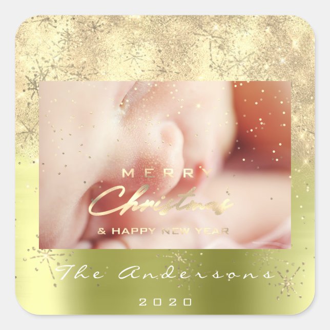 Pegatina Cuadrada Feliz Navidad Nuevo Purpurina de oro Foto Spark Mi (Anverso)