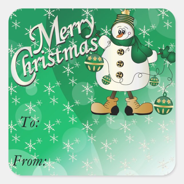 Pegatina Cuadrada Feliz Navidad Ornamento verde Snowman (Anverso)