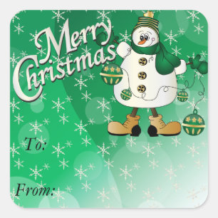Pegatina Cuadrada Feliz Navidad Ornamento verde Snowman