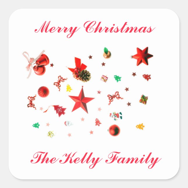 Pegatina Cuadrada Feliz Navidad, ornamentos rojos mezclados con text (Anverso)