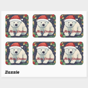 Pegatina Cuadrada Feliz Navidad oso polar blanco
