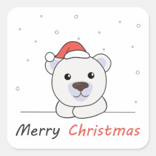 Pegatina Cuadrada Feliz Navidad Oso Polar Nieve suave noche