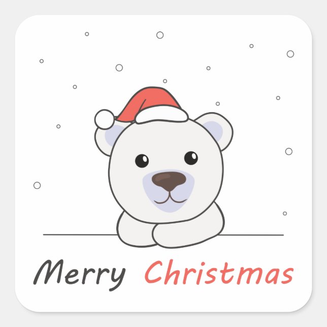 Pegatina Cuadrada Feliz Navidad Oso Polar Nieve suave noche (Anverso)