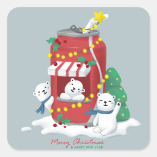 Pegatina Cuadrada Feliz Navidad: Oso Polar y lata de soda