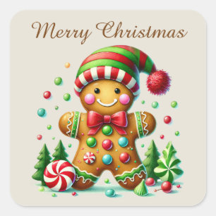 Pegatina Cuadrada Feliz Navidad pan de jengibre agregar texto
