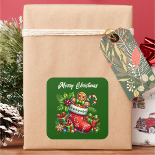 Pegatina Cuadrada Feliz Navidad pan de jengibre agregar texto