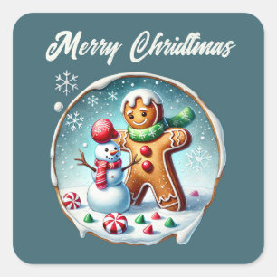 Pegatina Cuadrada Feliz Navidad pan de jengibre agregar texto