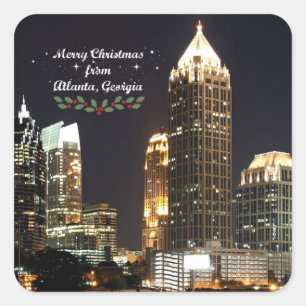 Pegatina Cuadrada "Feliz Navidad," panorama de Atlanta, Georgia